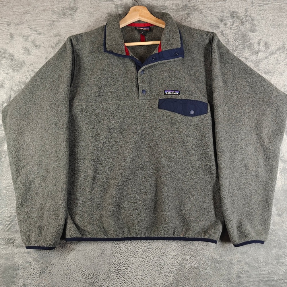 Patagonia Synchilla Fleece Pullover Mens Small Gray Navy Blue Snap-T 25580